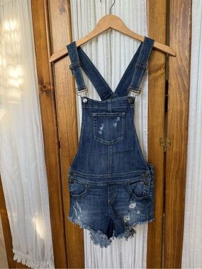 Guess Denim Short Overalls in Distressed Dark Blue